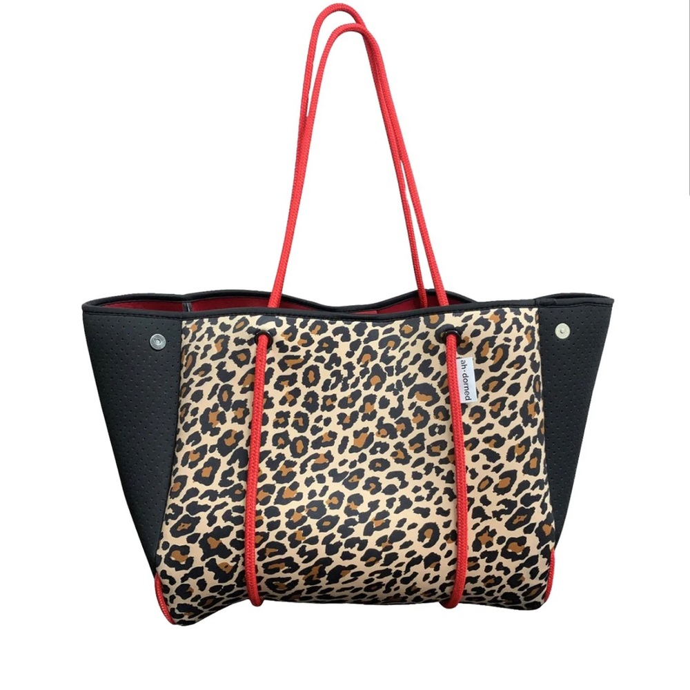 Adorned New York Leopard Neoprene Bag w/Black Perforated Sides & Red Straps